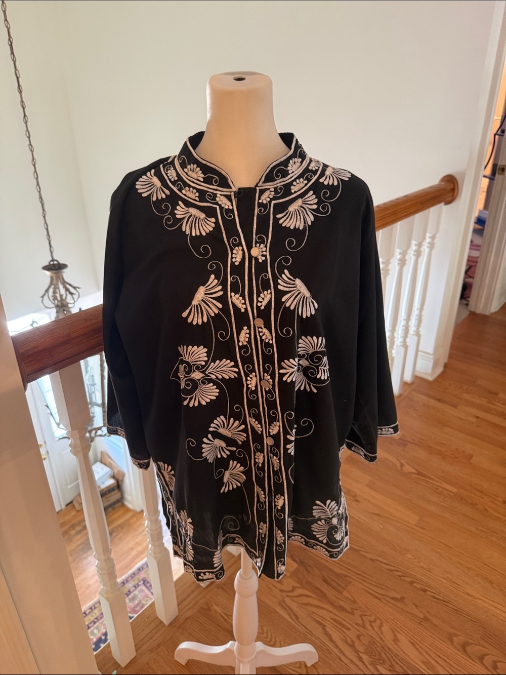 Embroidered Black Floral Button-Front Blouse